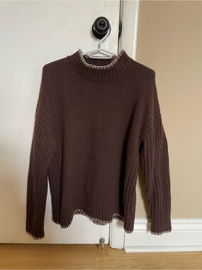 Joie Dark Brown Mock Neck Ribbed-Sleeve Sweater